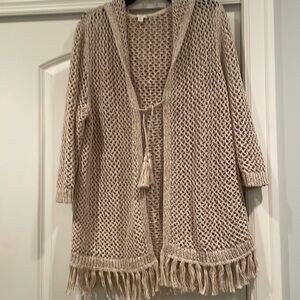 J.Jill sweater, crochet, fringe hem, hooded, oatmeal color, cotton blend, L